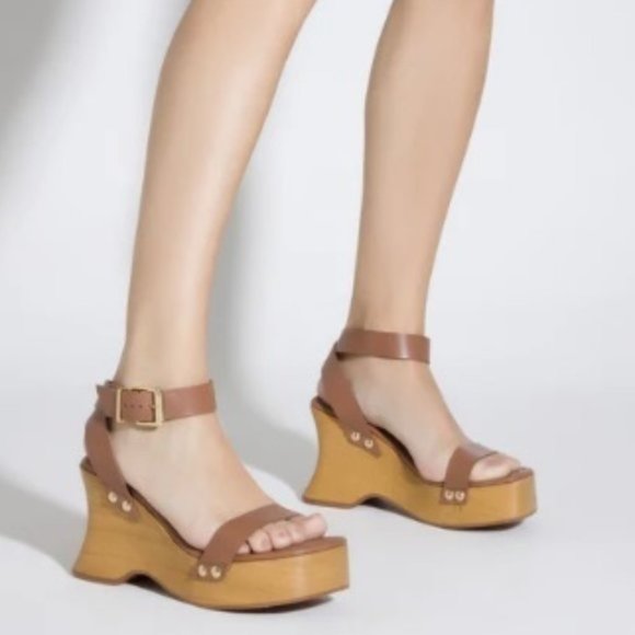 $89 NWT (8.5) SCHUTZ Camel Leather Wedge Sandal - Picture 6 of 12
